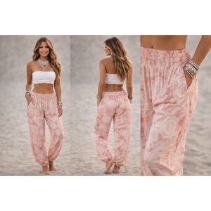 NWT Lotus and Luna Baha Mandala Boho Yoga Harem Pants in Guava L/XL